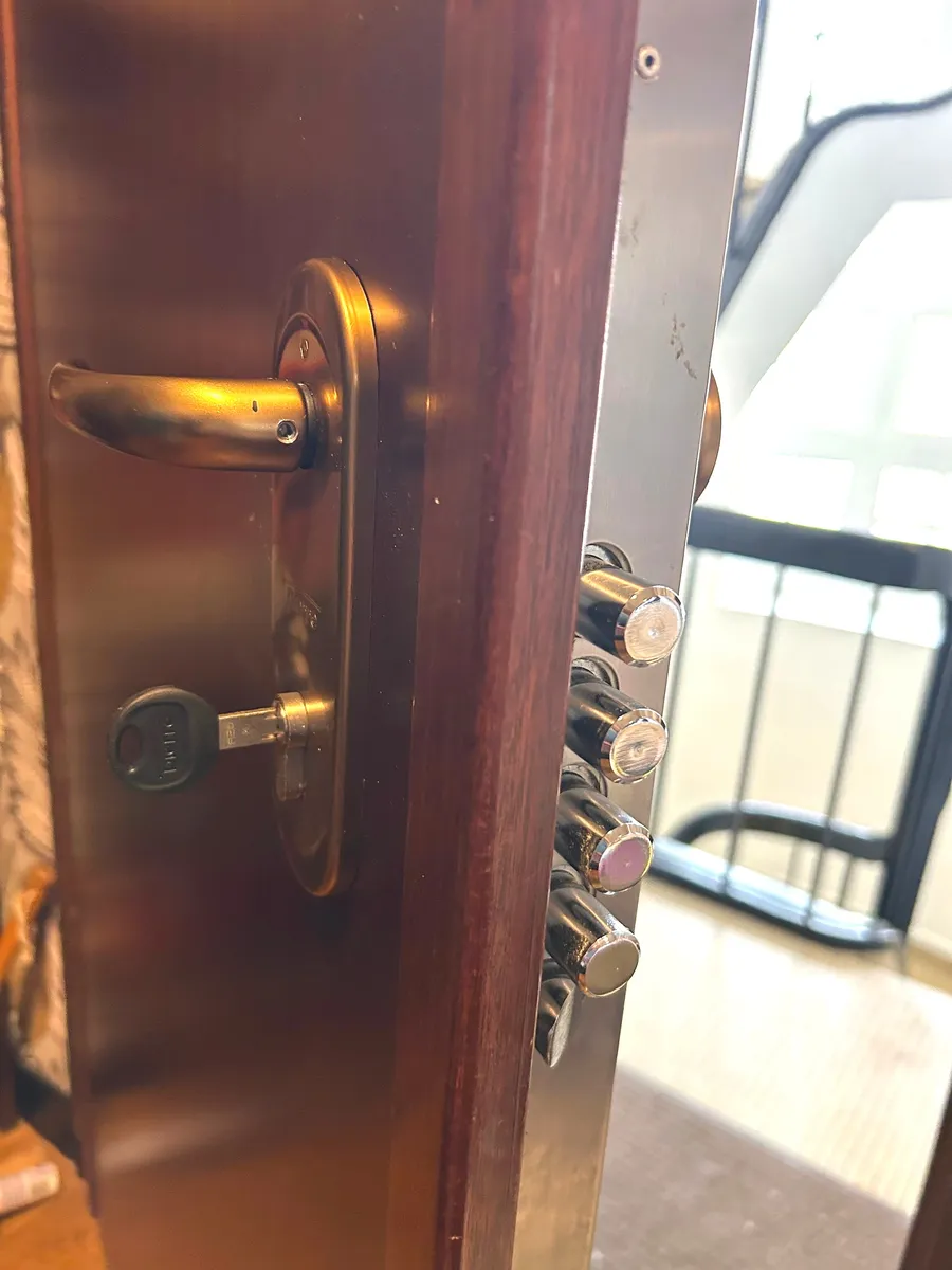 Gold handle and lock on a dark wooden door